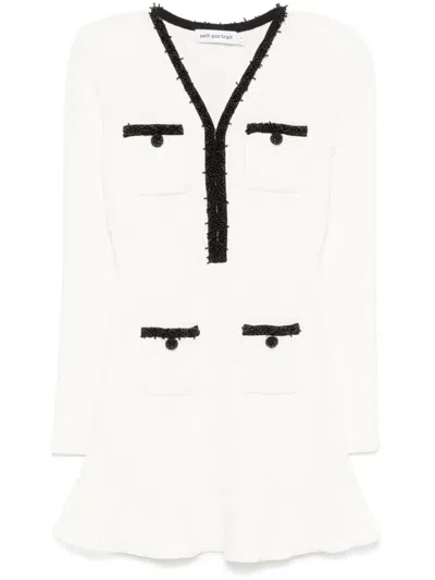 Self-portrait Pearl Trim Knit Mini Dress In White