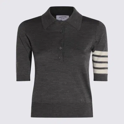 Thom Browne Collared Striped Sleeve Polo Top In Gray