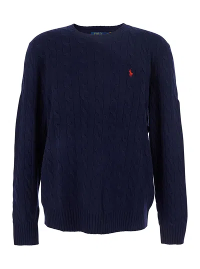 Polo Ralph Lauren Blue Cable Knit Crewneck Sweater With Pony Embroidery On The Front In Wool And Cashmere Man In Blue
