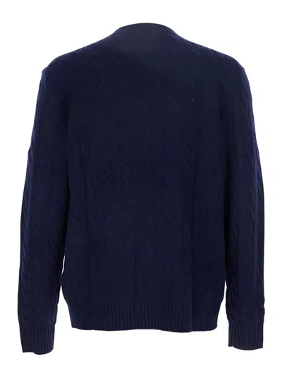 Polo Ralph Lauren Blue Cable Knit Crewneck Sweater With Pony Embroidery On The Front In Wool And Cashmere Man In Blue