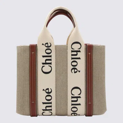 Chloé White And Brown Raffia And Leather Woody Tote Bag In Brown