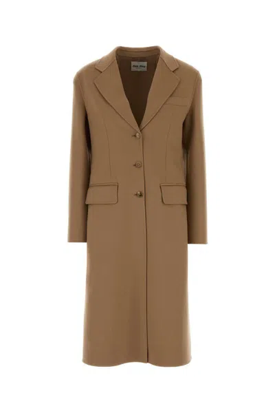 Miu Miu Camel Wool Blend Coat In Brown