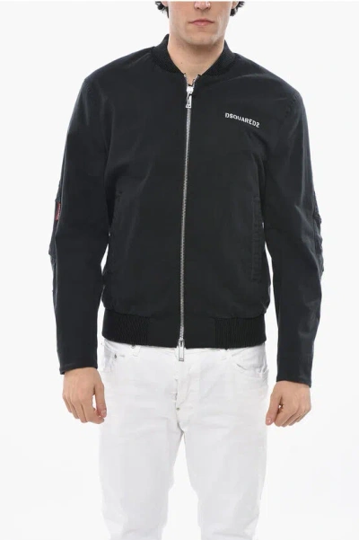 Dsquared2 Cotton Blend Bomber Jacket With Printed Logo In Blue