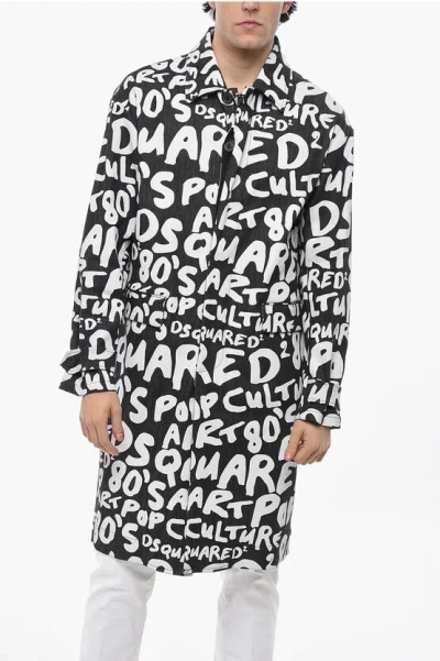 Dsquared2 Monogram Patterned Denim Trenchcoat With Flap Pockets In Black