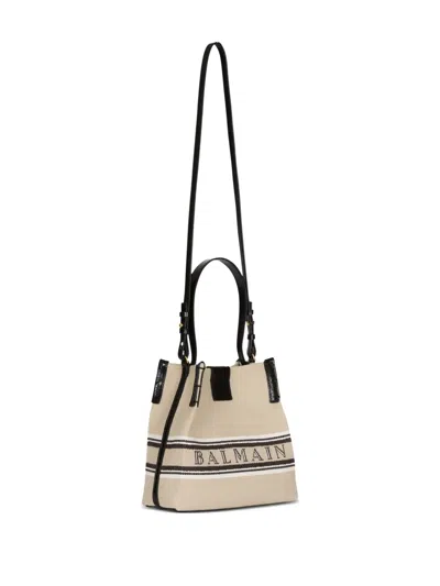 Balmain Release Bucket Bag In Canvas And Calfskin In Neutral