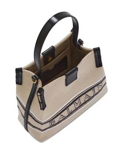 Balmain Release Bucket Bag In Canvas And Calfskin In Neutral