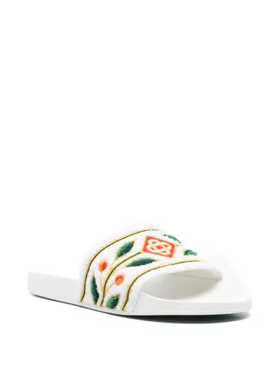 Casablanca Terry Slider Sandals Embroidered Strap Flat In White