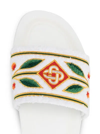 Casablanca Terry Slider Sandals Embroidered Strap Flat In White