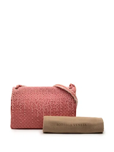 Pre-owned Bottega Veneta 2010 Nappa Intrecciato Embroidered Fold Over Crossbody Bag In Pink
