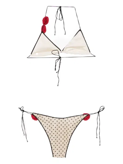 Oseree Polka-dot Floral Bikini In Neutral