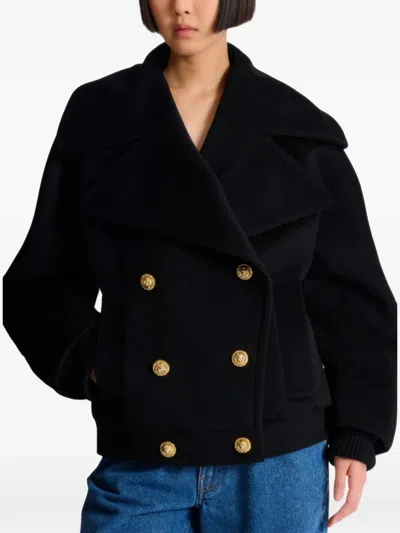 Balmain Double-breasted Peacoat In Black
