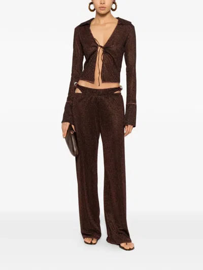 Oseree Tie-detail Bell-sleeve Top In Brown