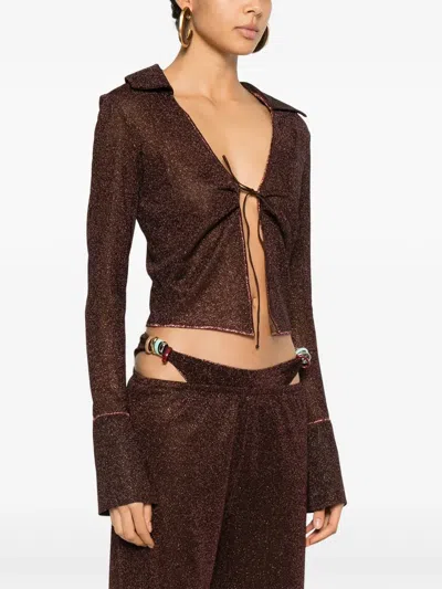Oseree Tie-detail Bell-sleeve Top In Brown