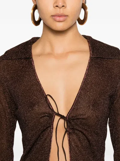 Oseree Tie-detail Bell-sleeve Top In Brown
