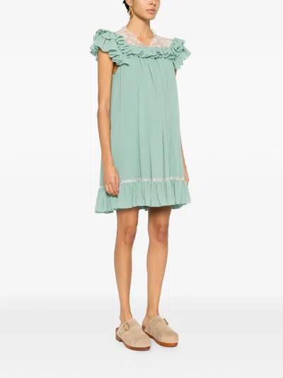 Chloé Ruffled Lace-trimmed Silk Georgette Mini Dress In Green