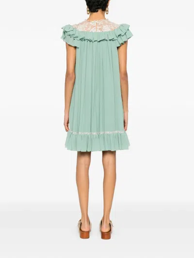 Chloé Ruffled Lace-trimmed Silk Georgette Mini Dress In Green
