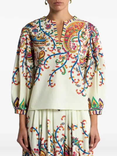 Etro Cotton Blouse With Placed Floral Paisley Print In Brown