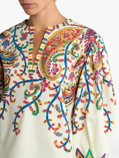 Etro Cotton Blouse With Placed Floral Paisley Print In Brown