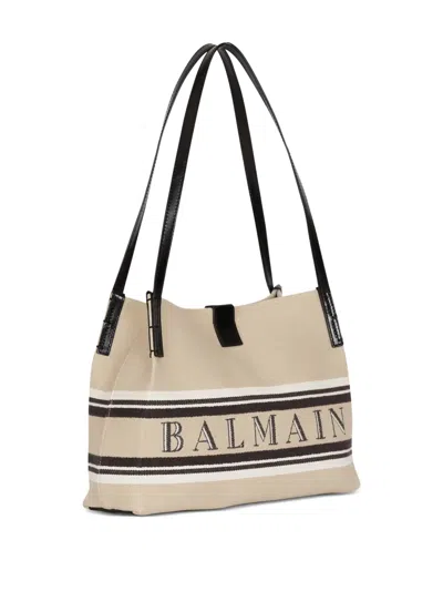 Balmain Release Small Canvas And Leather Tote In Neutral