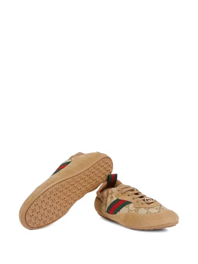 Gucci Shift Low Top Sneakers Rubber Sole Stripe In Brown