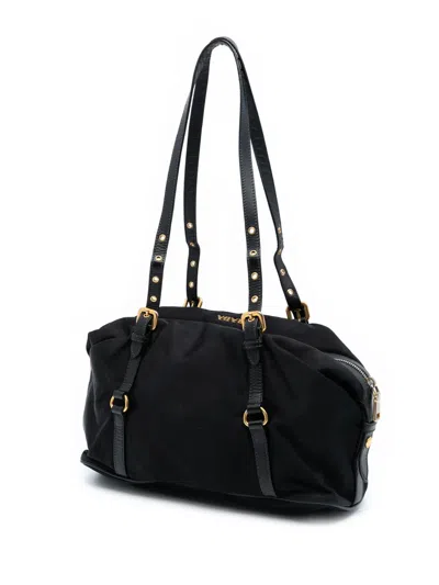 Pre-owned Prada 2013-2025 Saffiano Trimmed Tessuto Logo Satchel In Black