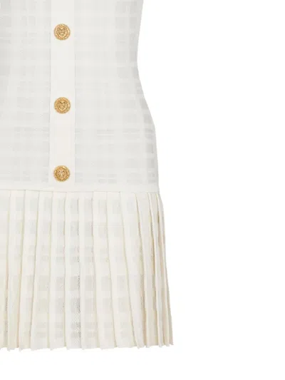 Balmain Button-embellished Pleated Dress In White