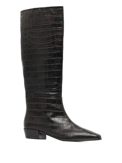 Copenhagen Pointed-toe Crocodile-effect Knee-high Boots In Black
