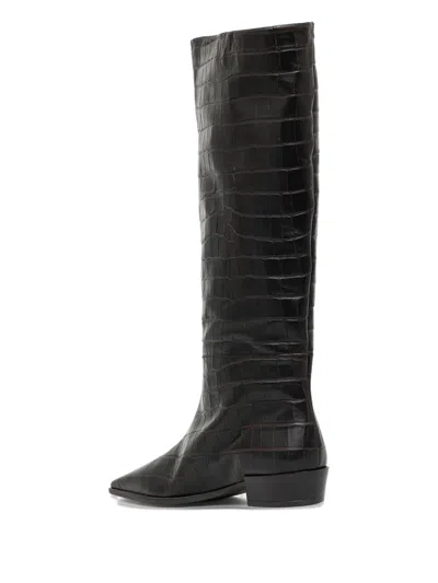 Copenhagen Pointed-toe Crocodile-effect Knee-high Boots In Black