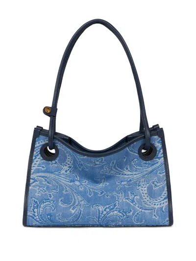 Etro Small Eyes Denim Tote Bag In Blue