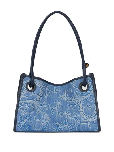 Etro Small Eyes Denim Tote Bag In Blue