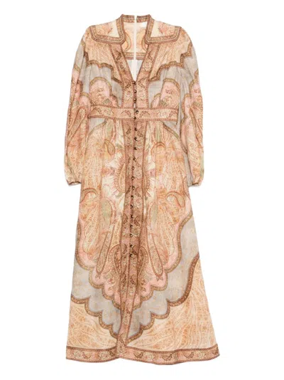 Zimmermann Wanderlust Linen Midi Dress In Sand