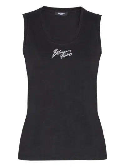 Balmain Logo Cotton Tank Top In Black