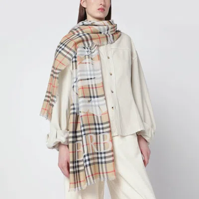 Burberry Ekd  Check Scarf In Wool And Silk In Sand