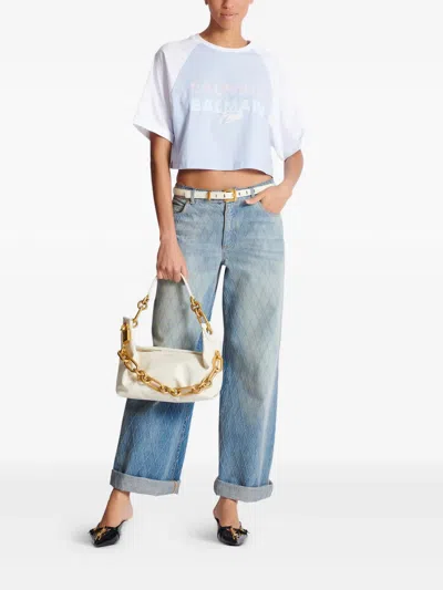 Balmain Paris Print Crew Neck Cropped T-shirt In Blue
