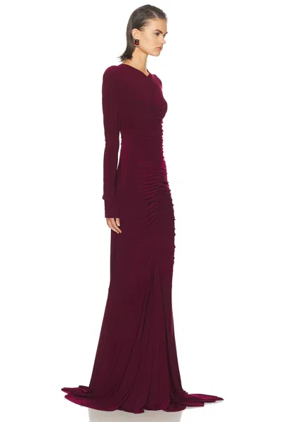 Norma Kamali Long Sleeve V Neck Shirred Front Fishtail Gown In Burgundy