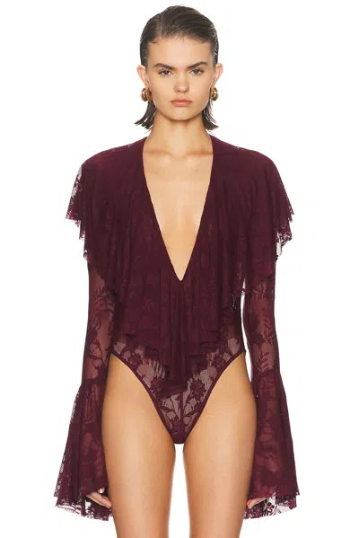 Norma Kamali Long Sleeve Deep V Ruffle Bodysuit In Purple