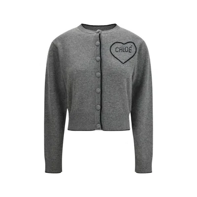 Chloé Wool And Cashmere Cardigan With Logo Knitwear Grey In Gray