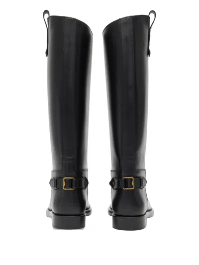 Burberry Leather Cavalier Boots With Buckle Detail In Black