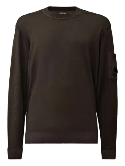 C.p. Company Fine-knit Merino Crewneck Sweater With Patch Pocket Detail In Brown