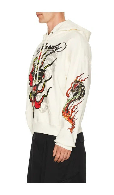 Ed Hardy Panther Flame Boxy Rhinestone Fleece Hoodie In White