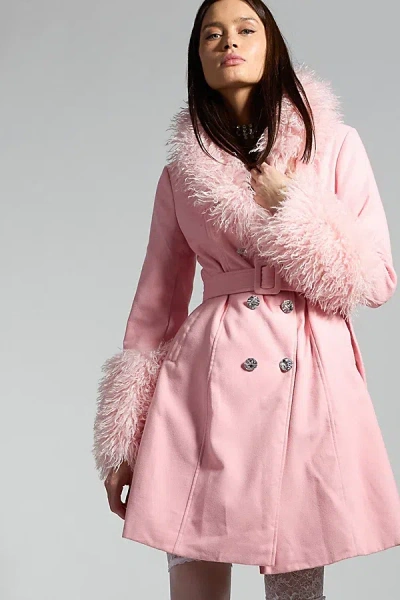 Sparkl Faux Fur Trench Coat Jacket In Pink, Women's At Urban Outfitters In Pink