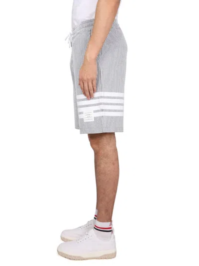 Thom Browne Vertical Pinstripe Shorts With Drawstring Waistband And Bold Accents In Gray