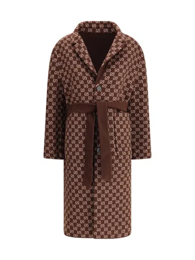 Gucci Brown Reversible Double-breasted Coat With Notched Revers And Belt In Wool Woman