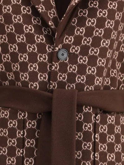 Gucci Brown Reversible Double-breasted Coat With Notched Revers And Belt In Wool Woman