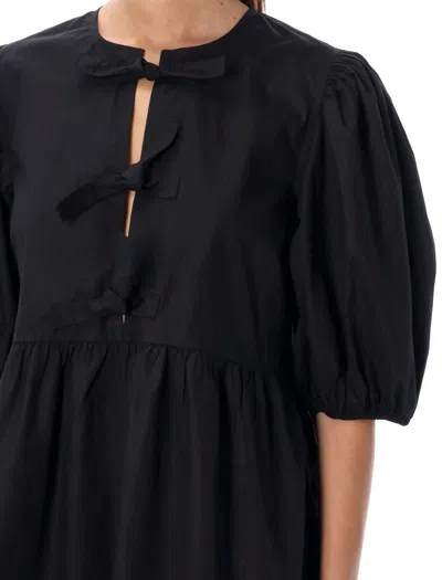 Ganni Cotton Poplin Tie String Mini Dress In Black