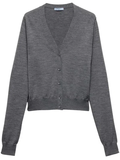 Prada V-neck Lightweight Knit Wool Cardigan In Gray