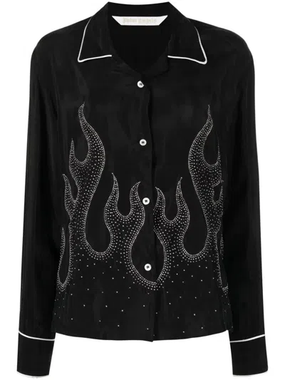 Palm Angels Flame-embroidered Shirt Crystal Embellishments In Black