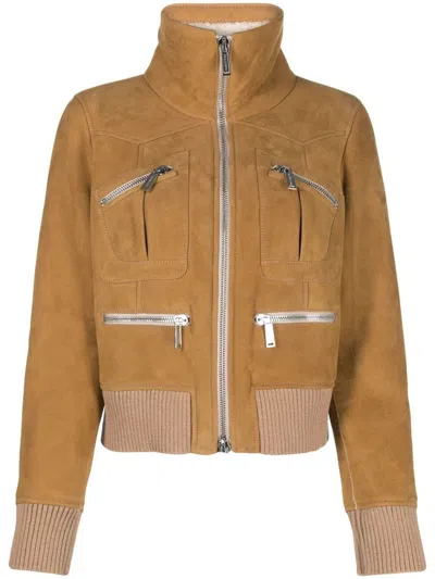 Dsquared2 Ribbed-detail Zip-up Bomber Jacket With Front Pockets In Brown