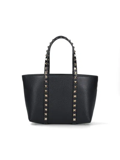 Valentino Garavani Rockstud Mini Tote In Hammered Leather In Black
