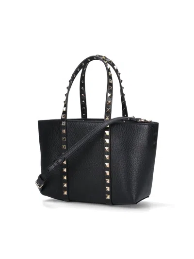 Valentino Garavani Rockstud Mini Tote In Hammered Leather In Black